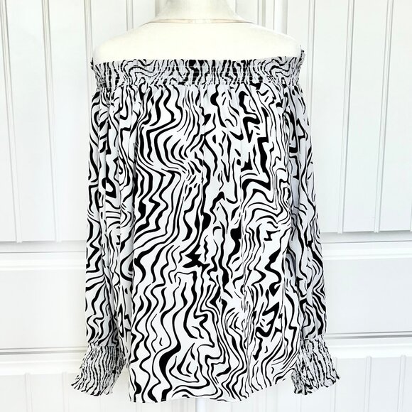 Milano Tops - Milano Black & White Off-the-Shoulder Smocked Long Sleeve Zebra Print Tunic Top